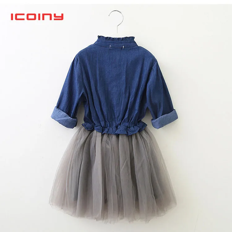 Girls Denim Dress 2019 Spring and Autumn New Long-sleeved Mesh Stitching Female Baby Princess Pettiskirt 2 3 4 5 6 7 | Детская одежда и