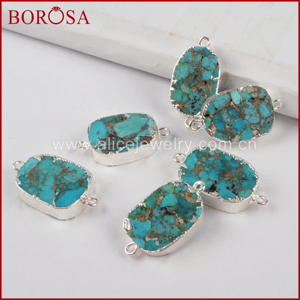 

BOROSA 10PCS Silver Color Copper Natural Turquoises Connector, Natural Blue Stone Copper+Stone for Necklace Jewelry S1470