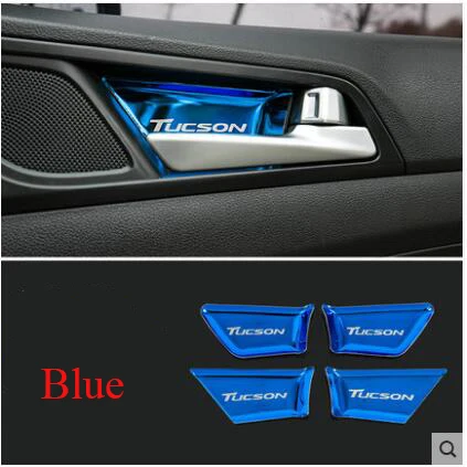 Blue 4pcs Нержавеющая сталь Материал интерьер дверная ручка кишечника Защитная крышка для hyundai Tucson аксессуары - Название цвета: Blue 4pcs