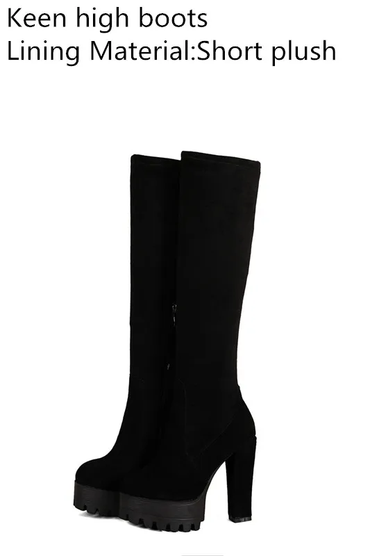 Black 2 short plush Morazora/Сапоги выше колена для женские ботинки из натуральной кожи; женские туфли на платформе однотонные застежкой-молнией растягивающиеся сапоги большие размеры 34-44 - Цвет: Black 2 short plush