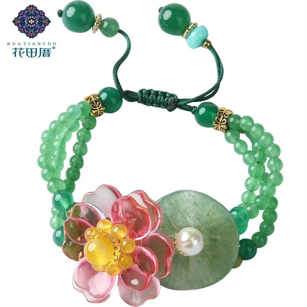 

Ethnic Charm Bracelets Rope Chain Colored Glass Flower Green Stone J ade Zinc Alloy Woman Jewelry Female Accessories SL-190101