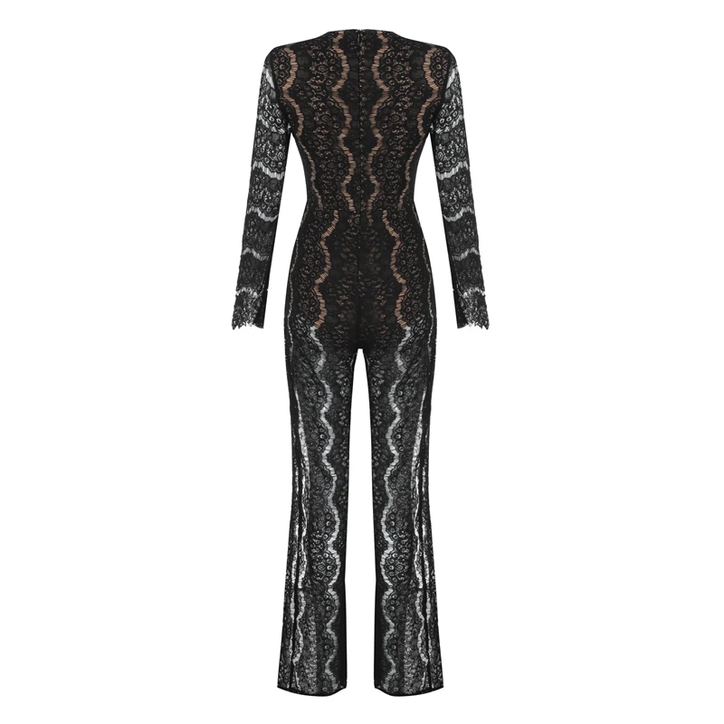 

Bqueen 2019 New Fashion Long Sleeve Lace Hollow Out Sexy Formal Lace Elastic Waist Skinny Women Pant Set