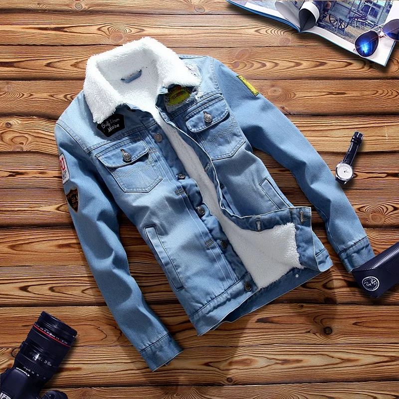 Winter Jackets Men Letters Print Bomber Jacket Male Cow boy Fur Collar Jeans Coat Outer Wear Casaco Masculino Plus Size M-3XL | Мужская