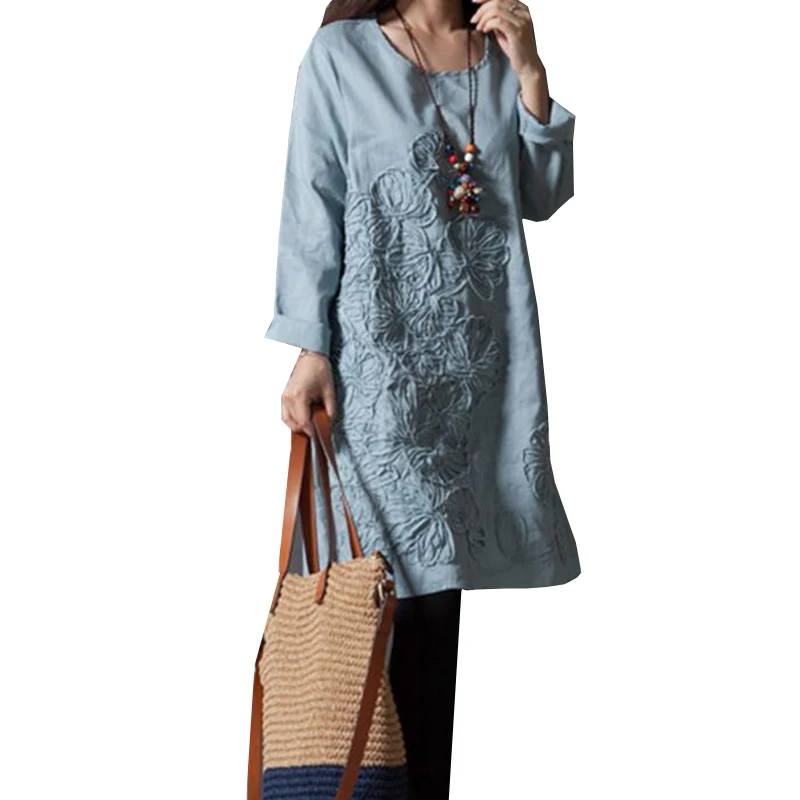 Женское хлопковое платье с вышивкой винтажное льняное большого размера в