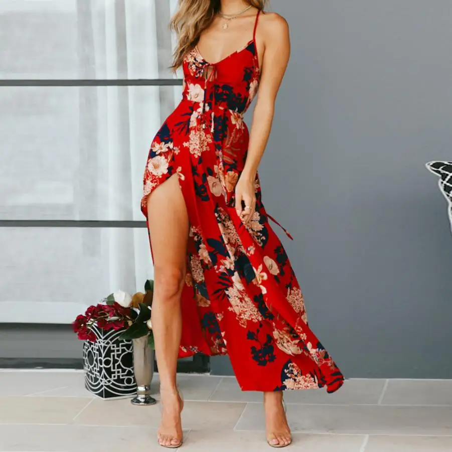 Богемия Стиль платье макси Для женщин красоты Цветочный принт с перекрестными