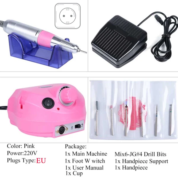 DR401EU-PinkMix6JG04 30000 об/мин Электрическая дрель для ногтей, машинка для маникюра, педикюра, аксессуары для ногтей, набор с пилочкой для ногтей, набор сверл, инструменты, CH925-1 - Цвет: DR401EU-PinkMix6JG04