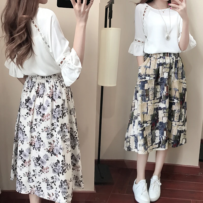2018 ladies new temperament fashion chiffon shirt T-shirt cropped sleeves clothes + elegant casual print skirt two-piece | Женская