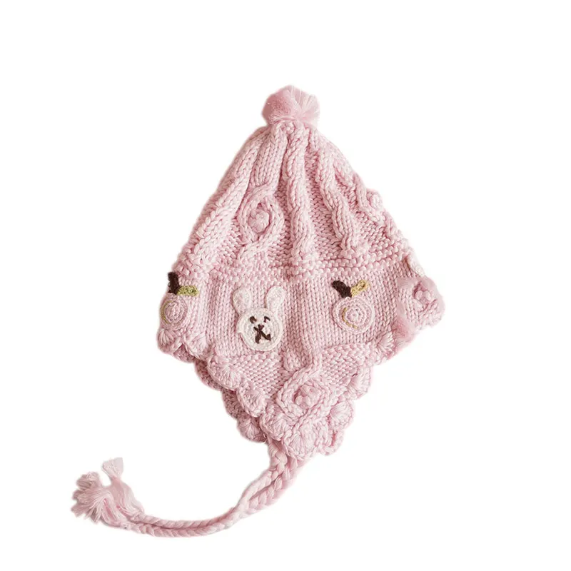 Cotton Knit Baby Girl Hat Sweet Princess Pink Earflap Cap Crocheted Autumn Winter Warm Bonnet With Cute Pompom Lovely Pattern | Детская