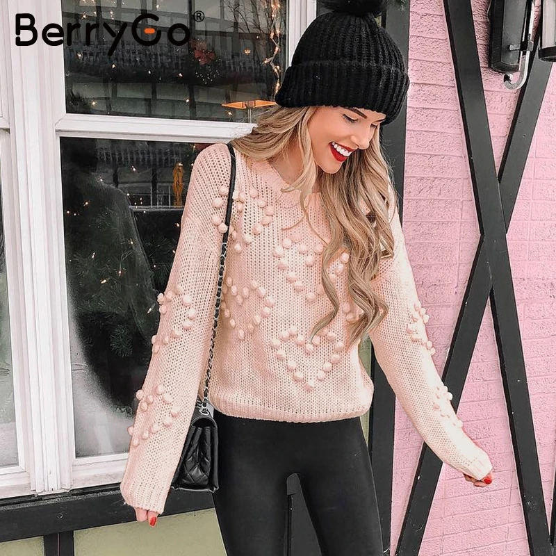 BerryGo Vintage autumn winter knitted sweaters women Casual O neck long sleeve pink pullovers female Pompon loose ladies jumpers | Женская