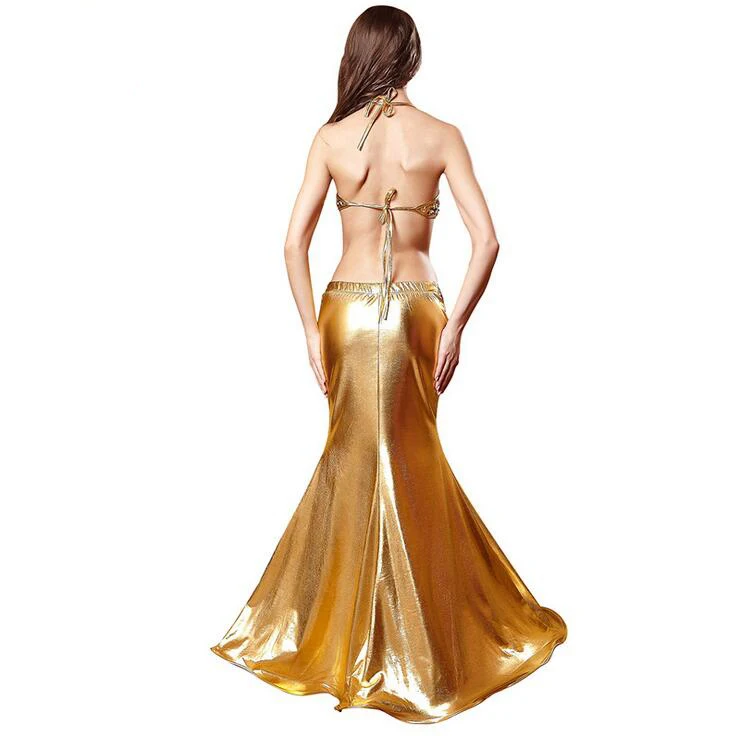 Русалка Принцесса Униформа Золотой лакированная кожа Блестки Труба платье