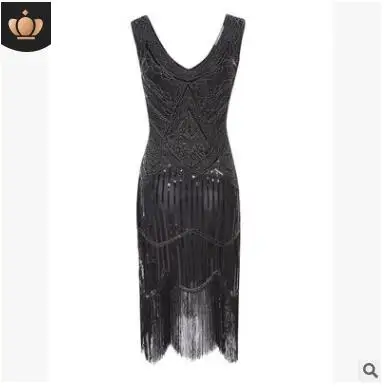 LADIES FRINGE FLAPPER SEQUINED FANCY DRESS SLEEVELESS ADULT CHARLESTON COSTUME THE GATSBY 1920'S 1930'S - Цвет: Черный
