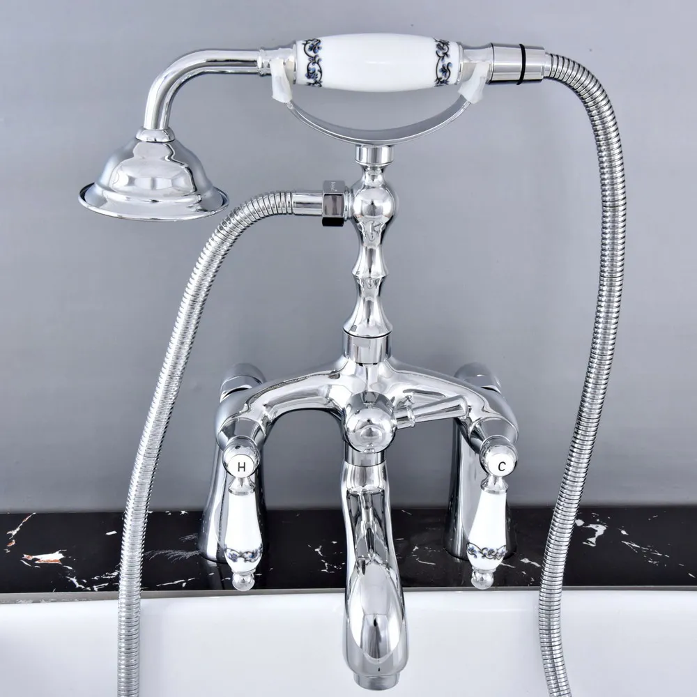 

Polished Chrome Deck Mounted Bathroom Tub Faucet Dual Handles Telephone Style Hand Shower Clawfoot Tub Filler atf762