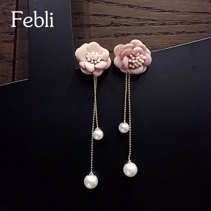 Febli Мода Длинные кисточкой Серьги с красивыми цветами и имитация жемчуга для Для