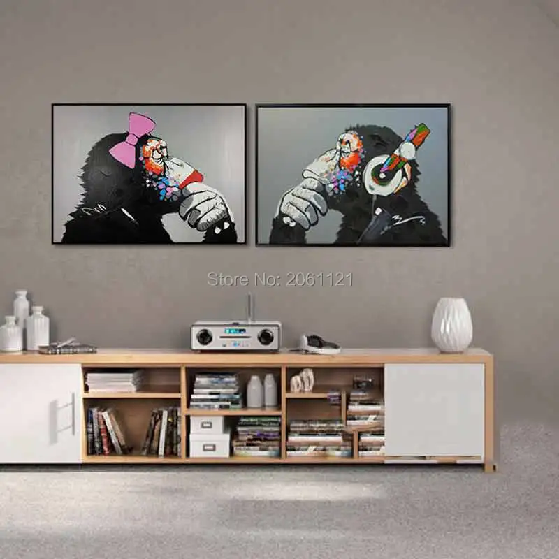 

Hand painted black gray animal wall paintings ape monkey oil painting gorilla canvas art modern designed home decor picture gift