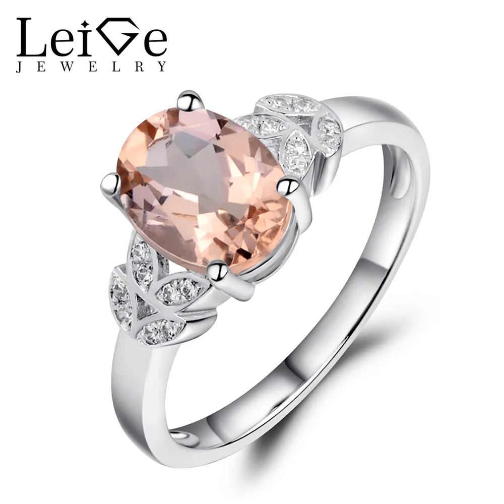 

Leige Jewelry Oval Cut Pink Gemstone Natural Morganite Ring Pink Sterling Silver 925 Wedding Promise Rings for Women