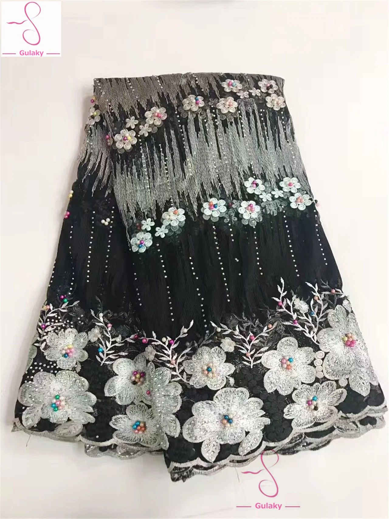 Blue Senior Party African Lace Fabric High Quality 3D with Beads Nigerian Fabrics for Bride Dress JY844 | Дом и сад