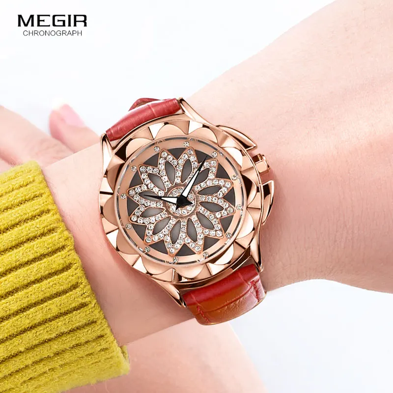 

Women's Diamond Flower Dial Quartz Wrist Watches Elegant Red Leather Strap Premium Ladies Clock Relogios Femininos 2059LRERE