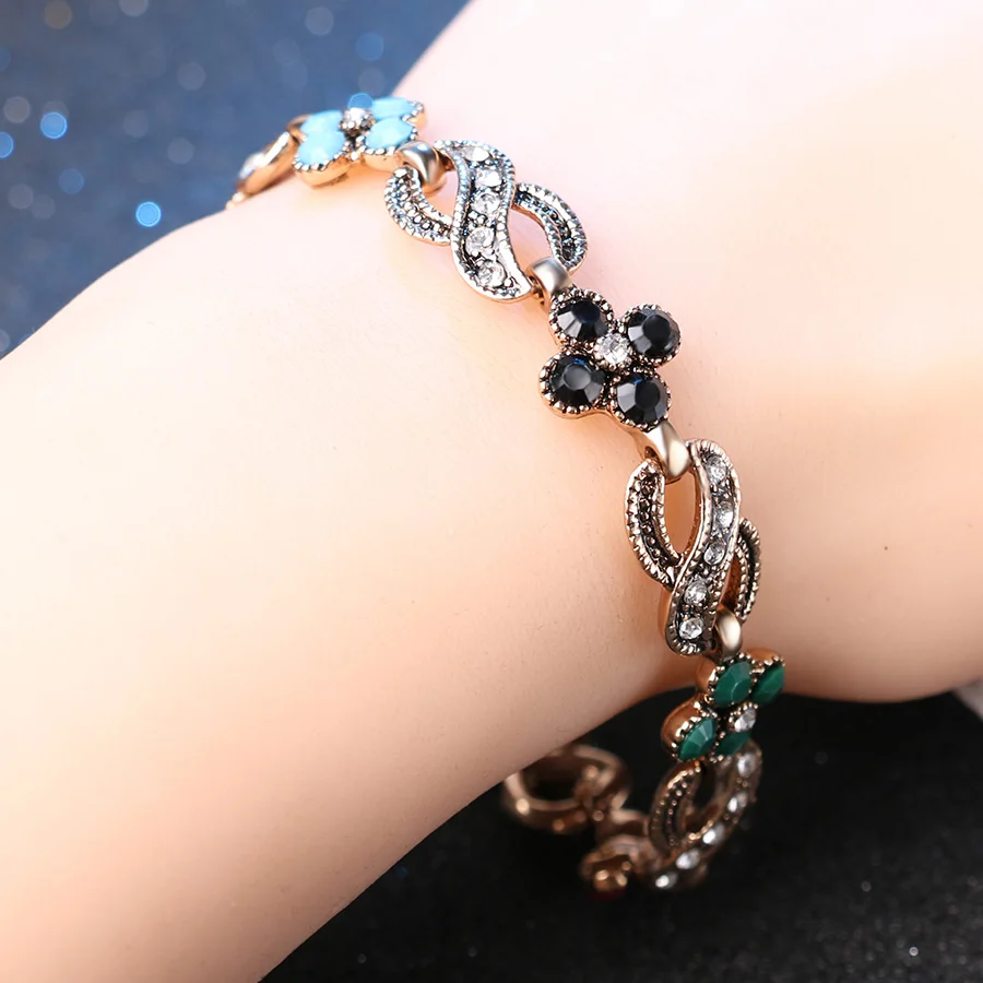 Unique Vintage Jewelry Color Gold Clover Colorful Resin Bohemia Bracelet For Women Mosaic White Crystal Gift | Украшения и