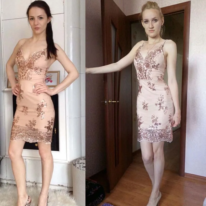 Женское короткое платье с блестками сексуальное V-образным вырезом и лямкой на