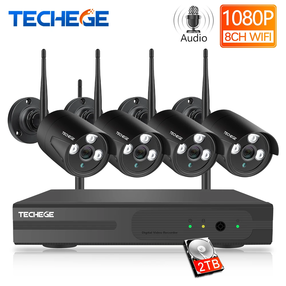 Techege 8CH Беспроводная CCTV система 1080P 2MP NVR Водонепроницаемая наружная камера IP