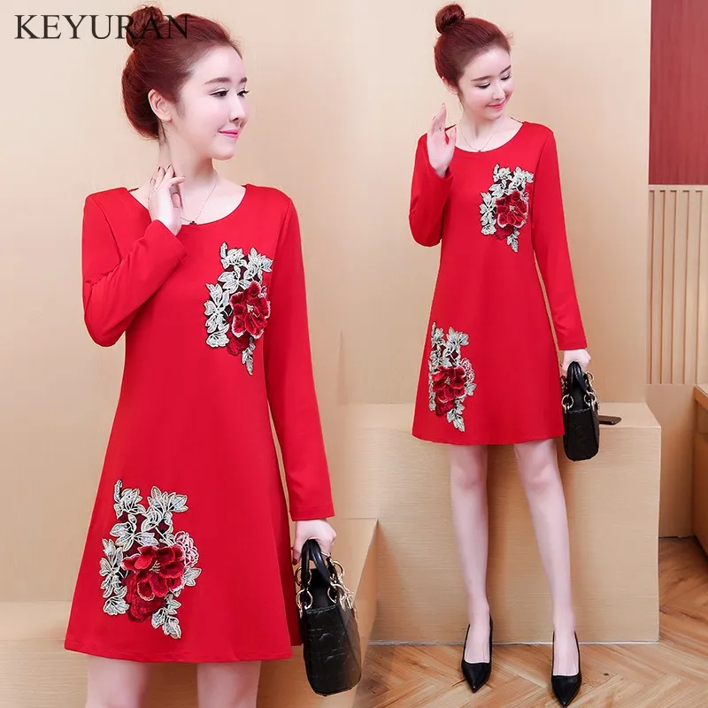 Women 3D Flower Embroidery Black Red Dress Spring Autumn Plus Size 5XL Long Sleeve Vintage Dresses For Ladies Vestidos De Festa | Женская
