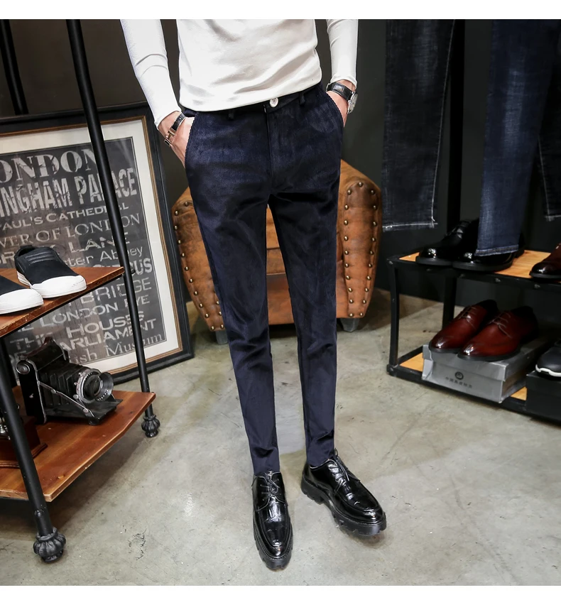 Хаки вельвет Повседневное брюки Для мужчин хорошее Stretch Slim Fit Для мужчин брюки осень-зима Мода однотонный костюм брюки мужской продажи