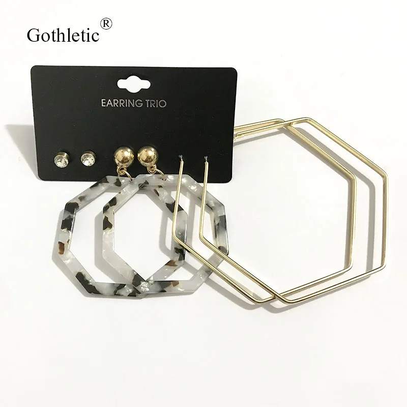 Gothletic 3 пары/набор шестигранный металлический резиновый Обруч Набор серег модные