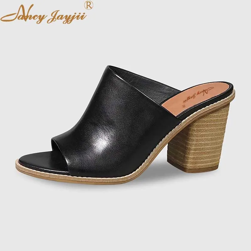 

Black Block High Heel Slippers Slides Open Peep Toe Wide Strap Outside Wood Print 4-5 Inch Thick Heels Elegant Women Shoes 2019