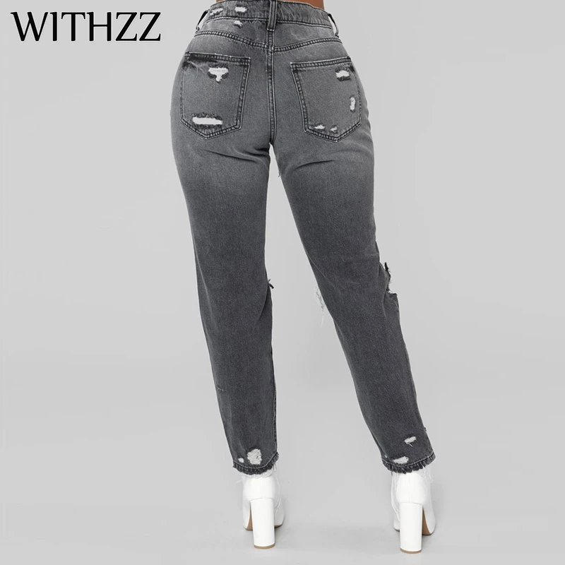 WITHZZ дымчато-серые модные хлопковые джинсы до колена Глория джинсы для женщин штаны бриджи комбинезоны винтажные женские рваные брюки