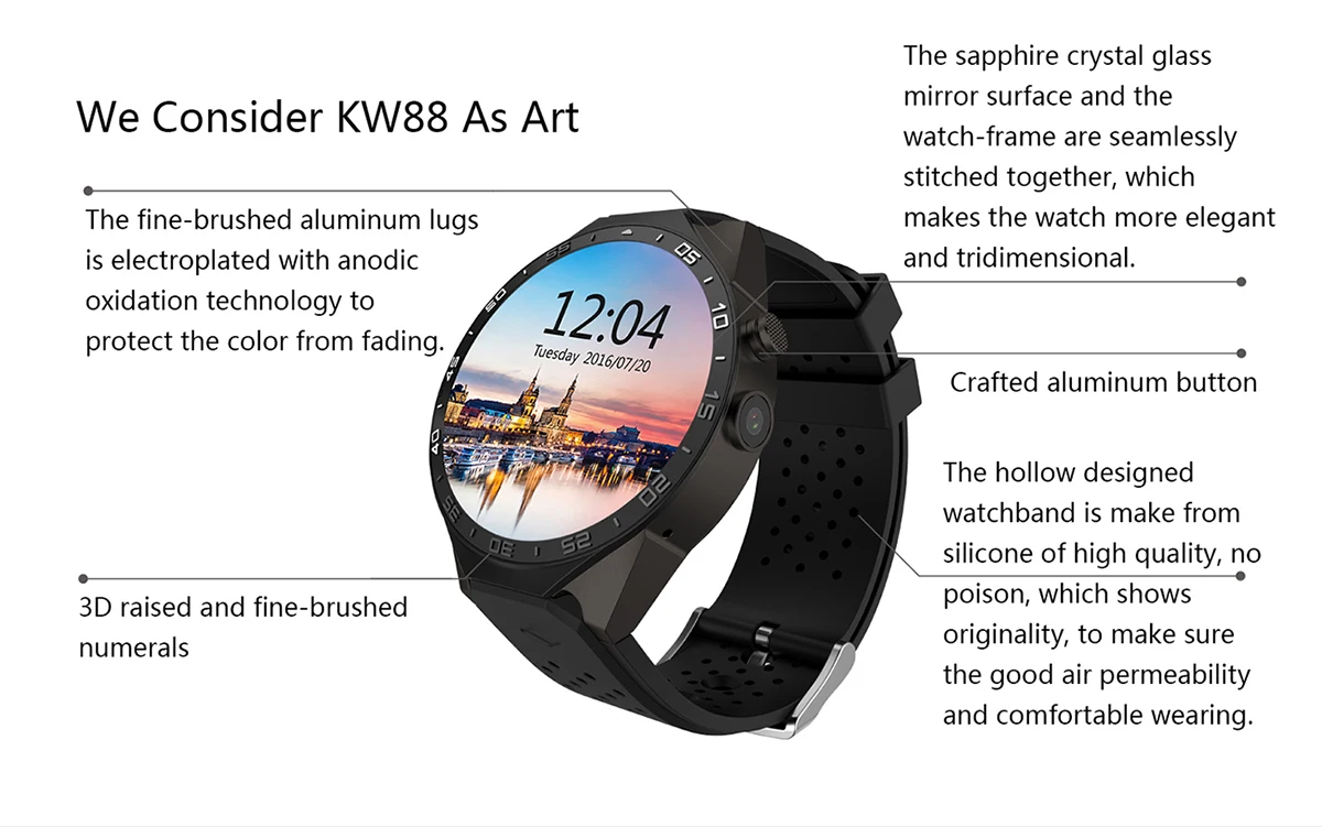 696 KingWear KW88 Android 5,1 1,39 ''экран 3g Smartwatch телефон MTK6580 512MB 4GB gps Шагомер Умные часы для мужчин