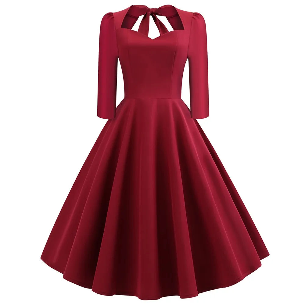 Vintage Dress Women Autumn Burgundy Tunic Bowknot Pleated Stylish Sexy Backless 2019 Elegant Casual Party 1950s Retro Midi | Женская