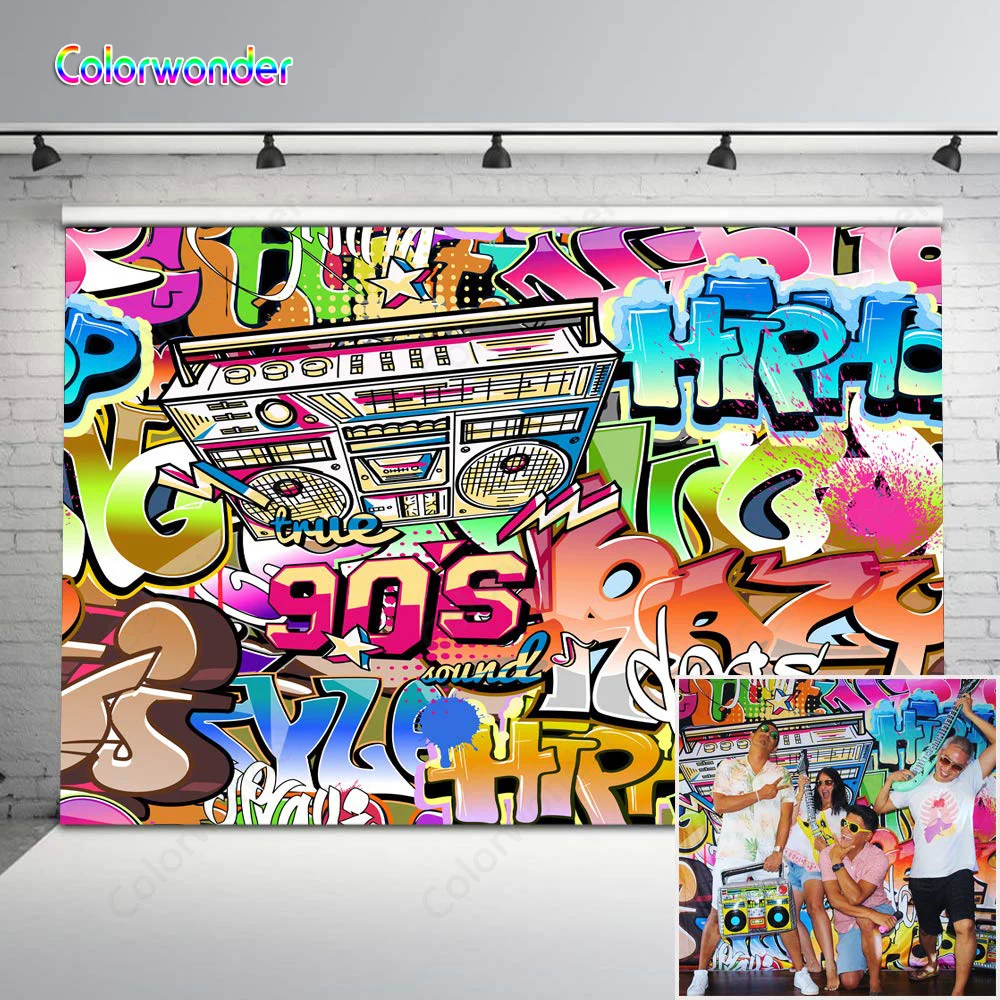 

Colorwonder 90's Party Photo Background Watercolor Strokes of Radio with Colorful Letters English Words Hip Hop Style Backdrop