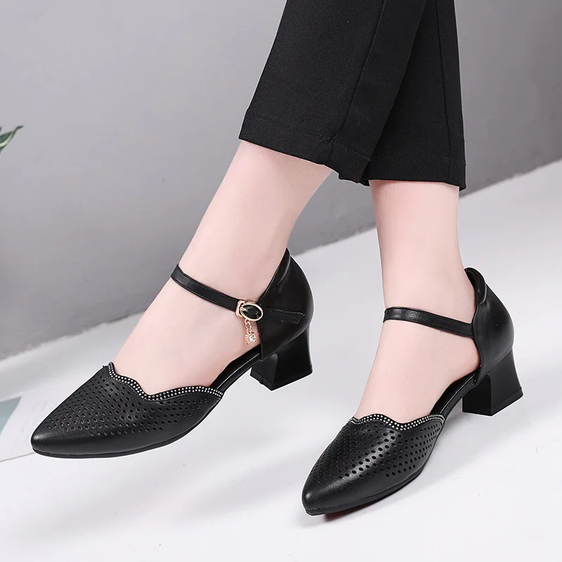 2021 New Summer Rhinestone Pointed Toe Hollow Genuine Leather Shoes Woman Fashion Sandals Comfort High Heels Women Sandal | Обувь