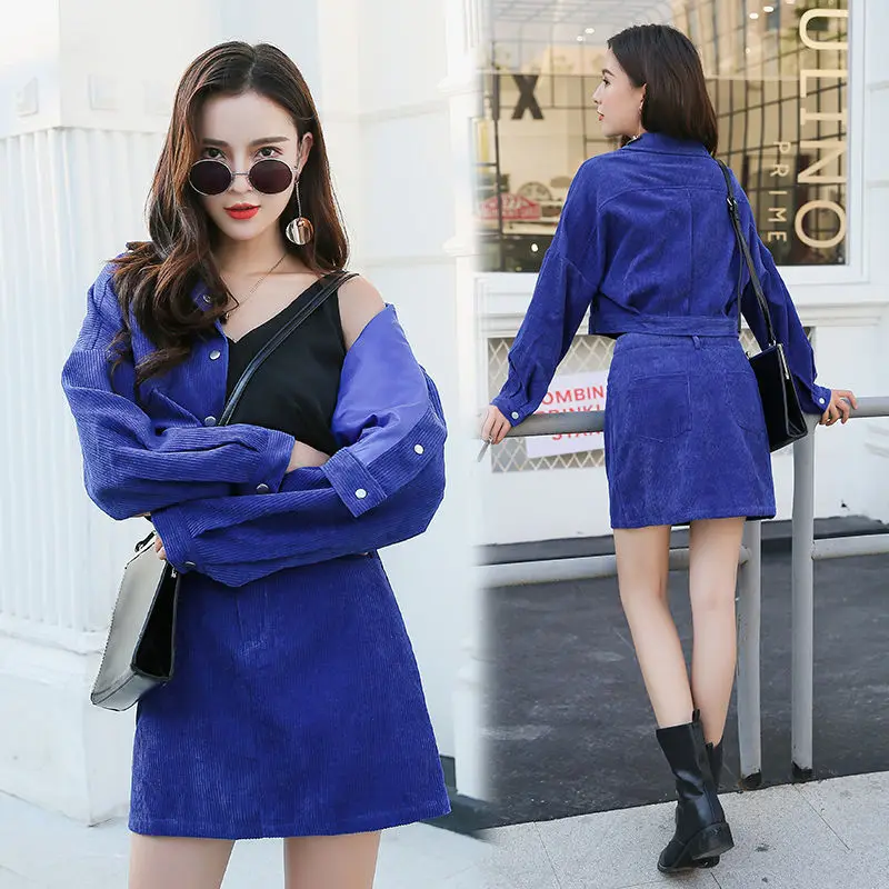 Blue VANGULL/ новые осенние женские комплекты из двух предметов вельветовый с длинным рукавом Короткая куртка и мини-юбка весенний Повседневный Однотонный женский костюм - Цвет: Blue