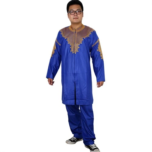 H& D африканская мужская одежда традиционная на молнии riche africano hombres camisa con pantalones bordado camiseta pantalones dashiki - Цвет: Blue