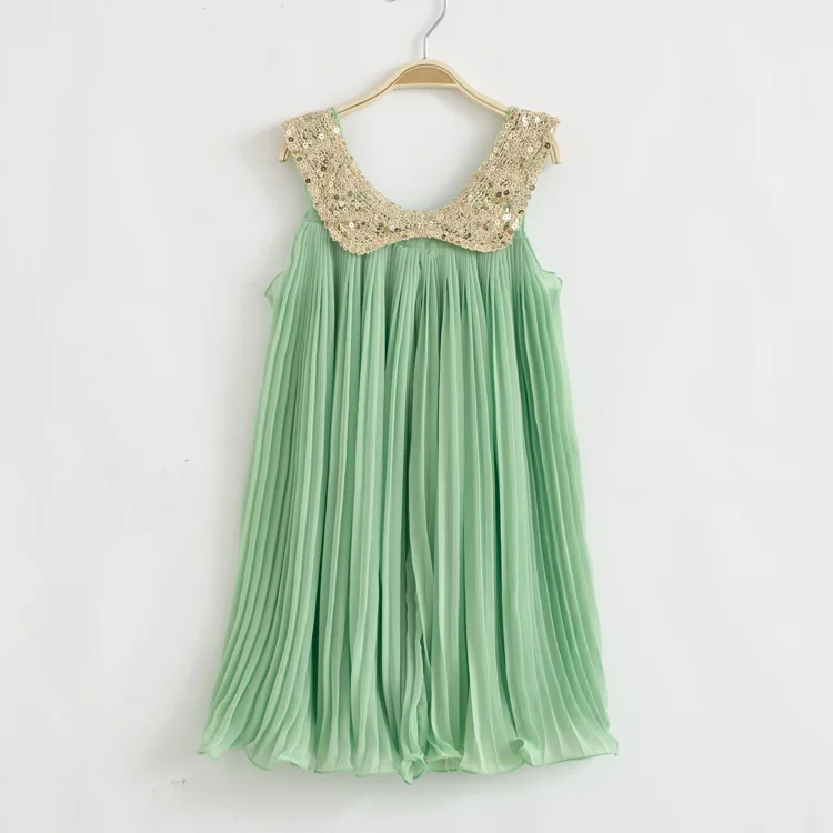 style 2 green В году, Новое поступление. Летнее Плиссированное шифоновое цельнокроеное платье с воротником с пайетками, детская одежда розовый/зеленый - Цвет: style 2 green