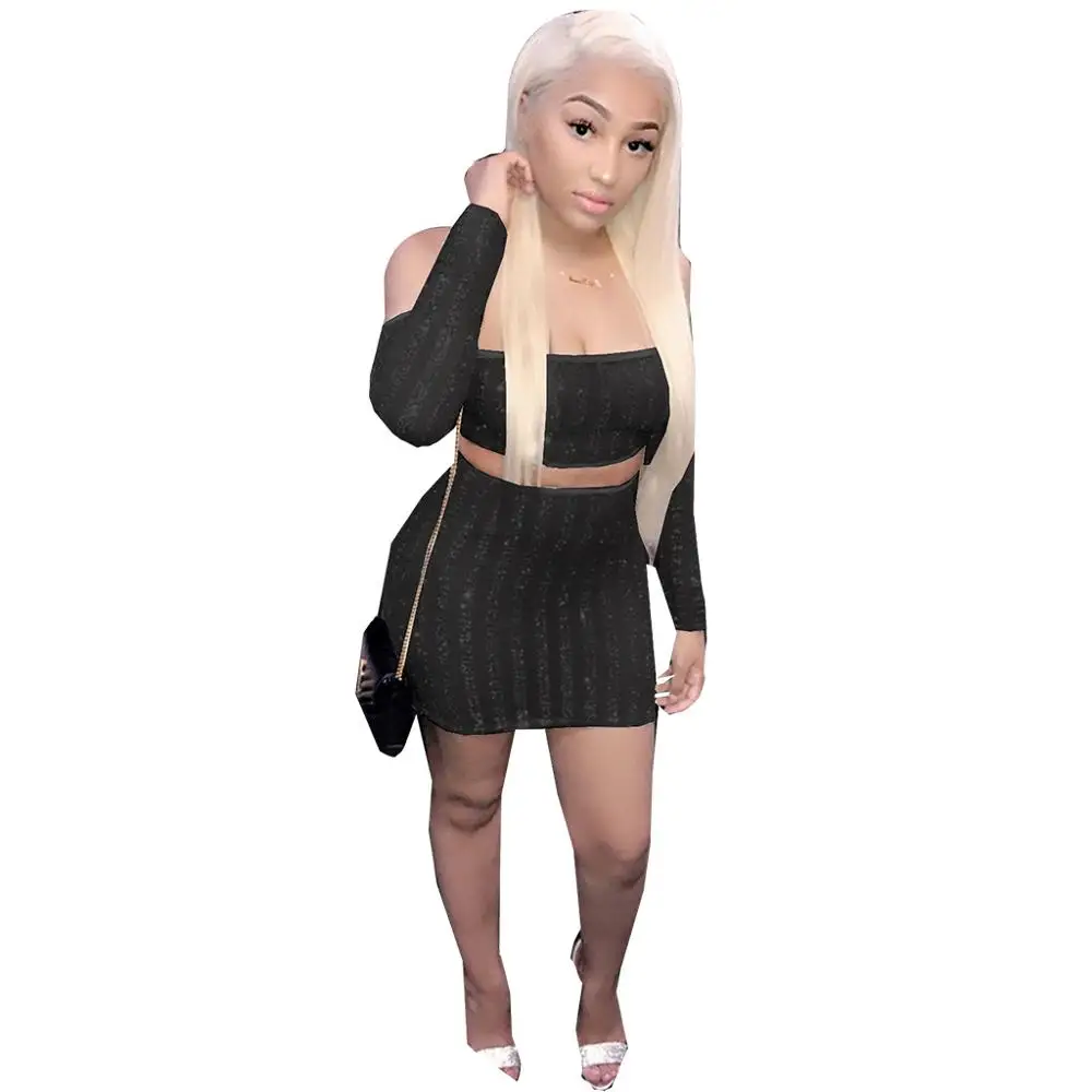 black two piece set Adogirl, в полоску, с блестками, из прозрачной сетки, Женский комплект из двух предметов, сексуальный, с вырезом лодочкой, с открытыми плечами, с длинным рукавом, укороченный топ, мини-юбка, Клубные наряды - Цвет: black two piece set