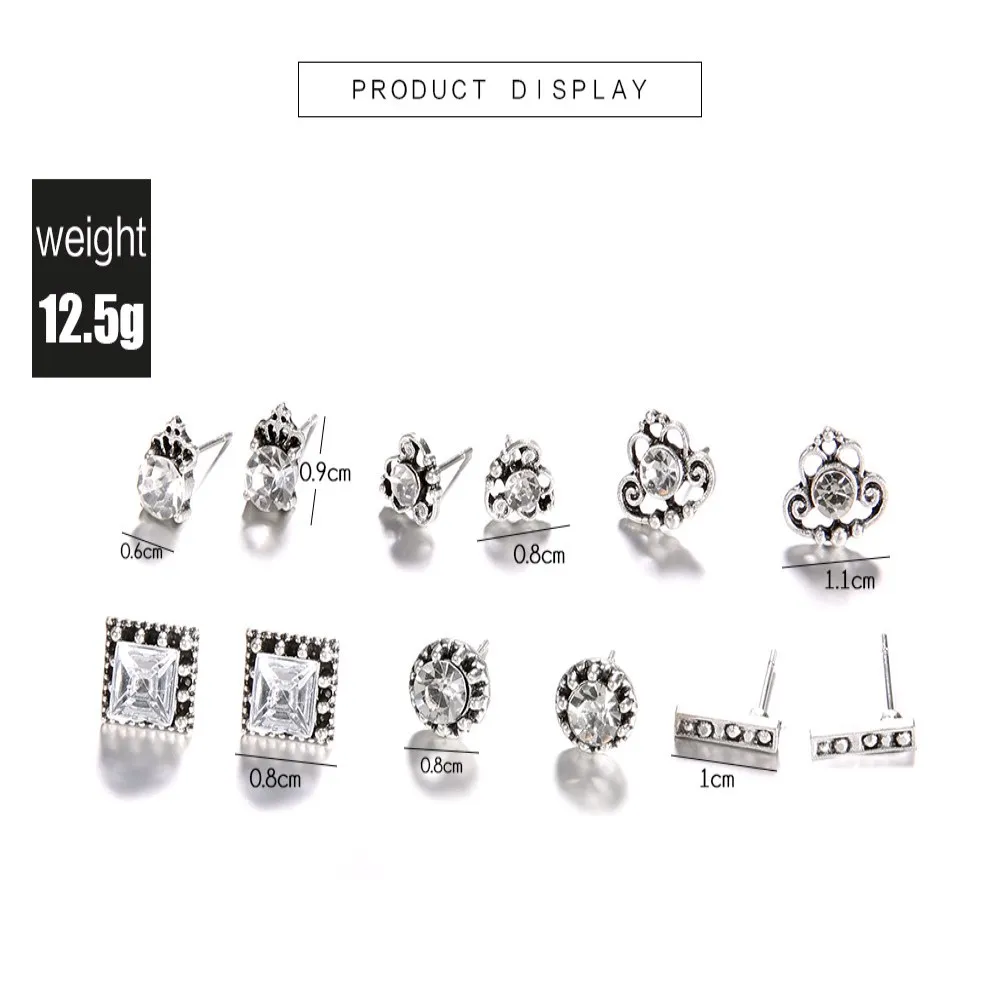 Новинка 6 пар/набор женские античные серебряные серьги Корона квадратные круглые