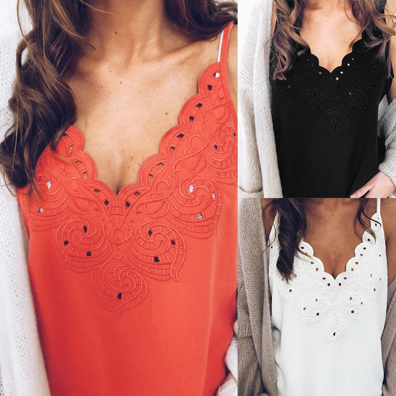 Женская кружевная Повседневная рубашка без рукавов топы с v-образным вырезом