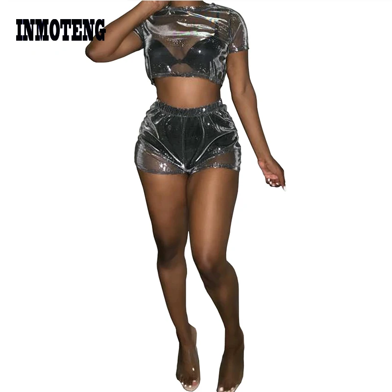 INMOTENG See Through Mesh Sexy 2 Piece Set Summer Short Sleeve Crop Top Matching Pants Women Party Dream Color Outfits XXL |