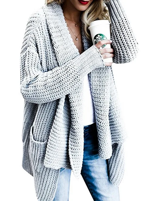 2017 Autumn Winter Women's Loose Long Sleeves Knitted Pocket Cardigan Sweater Coat |