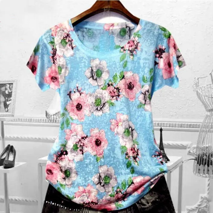 

Short-sleeved t-shirt women summer silk cotton fashion hot drilling printed top tees