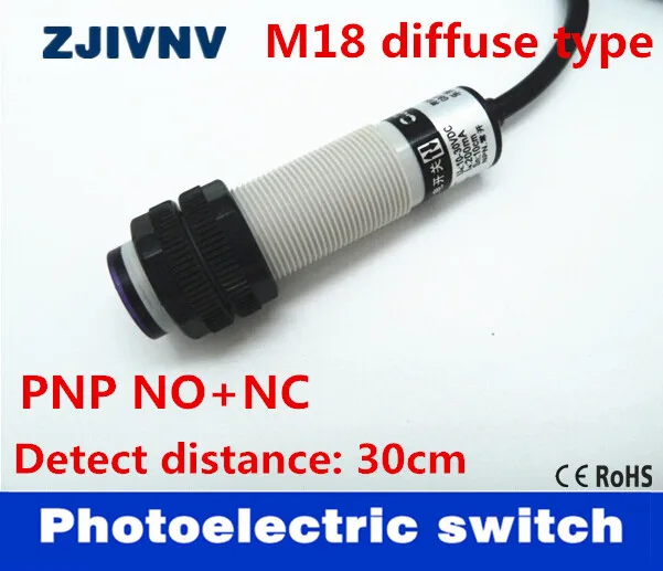 

M18 diffuse type PNP NO+NC DC10-30V 4 wires photoelectric sensor switch detect distance 30cm adjustable high quality ce approval