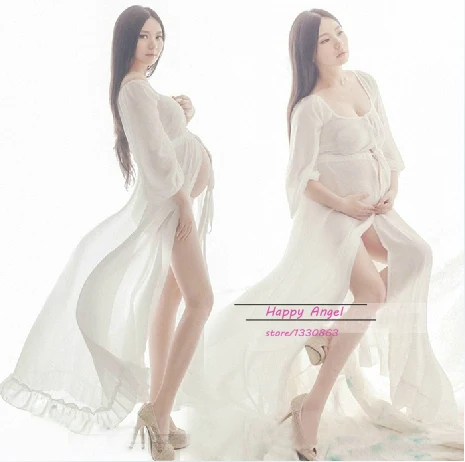 Материнство фотография беременной женщины мода реквизит длинное платье Белый