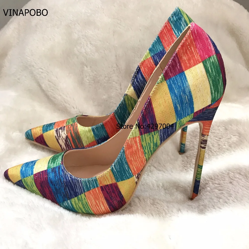 VINAPOBO Stiletto High Heels Women Pumps Colorful Plaid Striped Pointed Toe Shallow Footwear Autumn Party Ladies Shoes SIZE 43 | Обувь