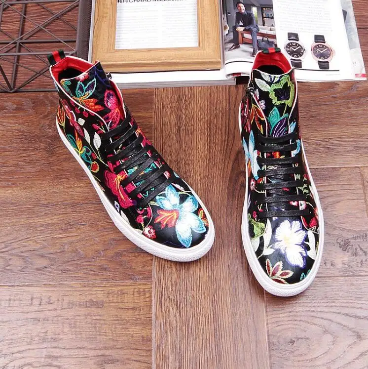 Мужские модельные туфли на высоком каблуке с цветочным принтом шнуровке | Обувь