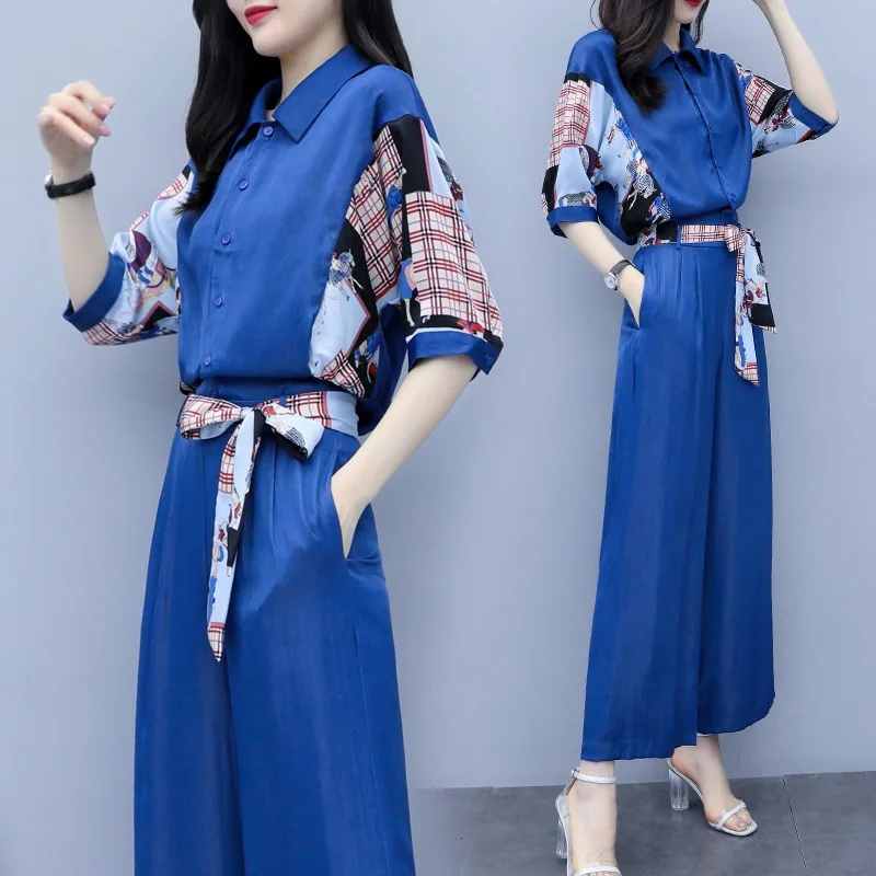 Женский костюм с широкими штанами и принтом в стиле пэчворк Свободный