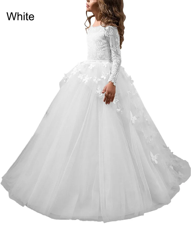 Белый Vestidos De Primera Comunion/, розовые длинные вечерние платья принцессы с длинными рукавами для девочек, костюм для детей 2, 3, 4, 5, 6, 7, 8, 13 лет - Цвет: Белый