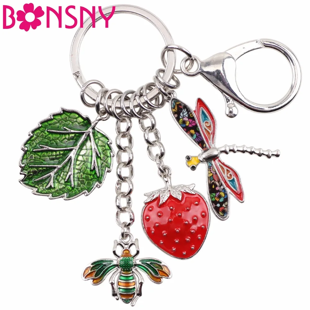 

Bonsny Alloy Bee Strawberry Dragonfly Leaf Key Chain Keychains Rings Novelty Jewelry For Women Girls Handbag Car Charms Gift New