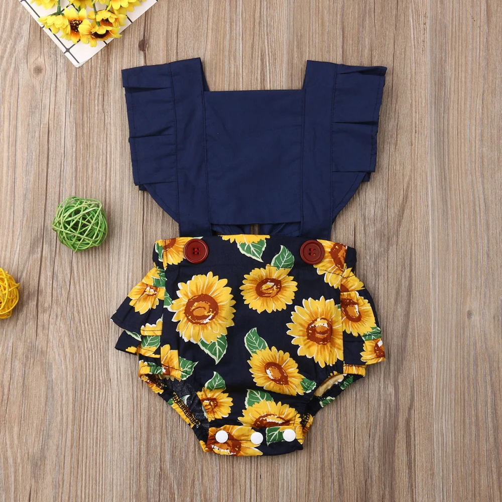 Toddler Baby Girls Sunflower Bodysuit Ruffles Short Sleeve Print Jumpsuit Outfit Set Sunsuit Clothes |